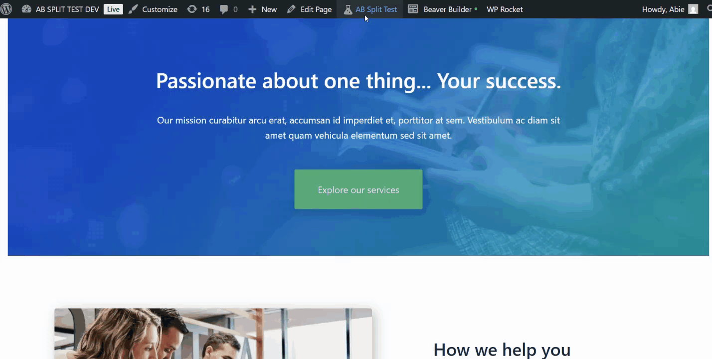 Website header with a blue background displays text: "Passionate about one thing... Your success" and a green button labeled "Explore our services." WordPress admin bar is visible at the top.