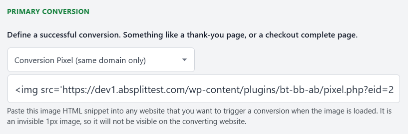 A webpage section displays a dropdown for selecting a conversion pixel type and a field showing HTML code for an image pixel used to track conversions.