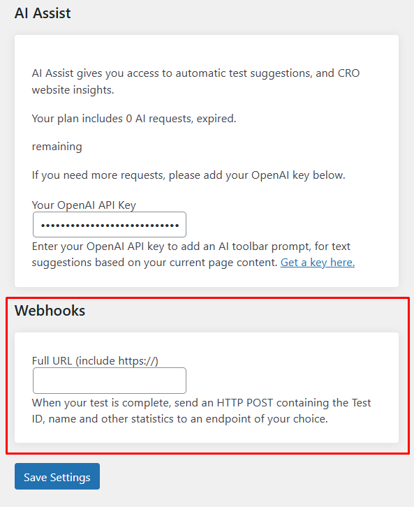Screenshot of a web form with fields to enter an OpenAI API key for AI Assist and a webhook URL, plus a "Save Settings" button at the bottom. Screenshot of a web form with fields to enter an OpenAI API key for AI Assist and a webhook URL, plus a "Save Settings" button at the bottom.