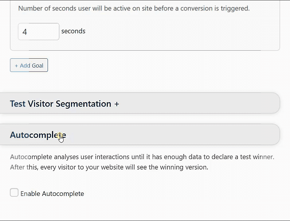 A website settings panel showing options for test visitor segmentation and autocomplete, with a description of autocomplete functionality and a checkbox to enable it. A website settings panel showing options for test visitor segmentation and autocomplete, with a description of autocomplete functionality and a checkbox to enable it.
