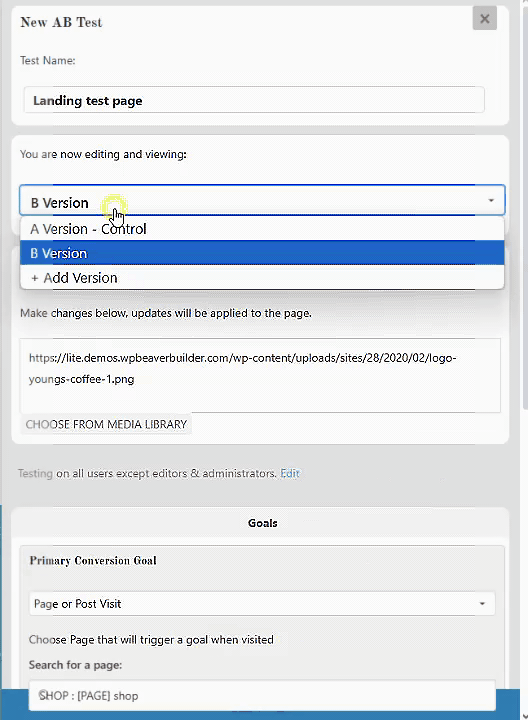 A user selects "B Version" from a dropdown menu while setting up a new A/B test for a landing test page in a web interface. A user selects "B Version" from a dropdown menu while setting up a new A/B test for a landing test page in a web interface.