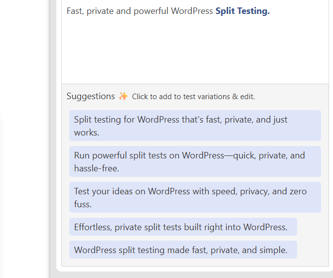A list of five suggested split testing taglines for WordPress is shown below a highlighted heading about fast, private, and powerful split testing. A list of five suggested split testing taglines for WordPress is shown below a highlighted heading about fast, private, and powerful split testing.