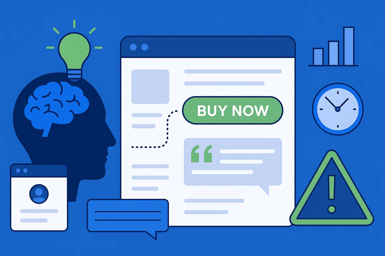 Illustration of a website with a "Buy Now" button, a human profile, light bulb, chat bubbles, clock, bar chart, and a warning sign, representing online decision-making. Illustration of a website with a "Buy Now" button, a human profile, light bulb, chat bubbles, clock, bar chart, and a warning sign, representing online decision-making.