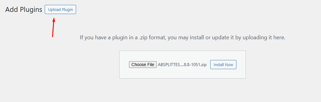 WordPress "Add Plugins" page showing an "Upload Plugin" button, a file upload field, and an "Install Now" button for installing a plugin in .zip format.