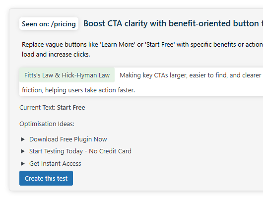 Screenshot of a webpage giving advice on improving CTA buttons by using benefit-oriented text, with examples and a blue "Create this test" button.