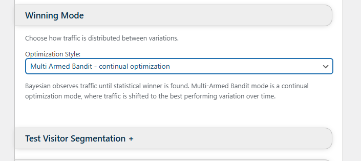 Screenshot of a web interface showing the "Winning Mode" settings with "Multi Armed Bandit - continual optimization" selected as the optimization style.