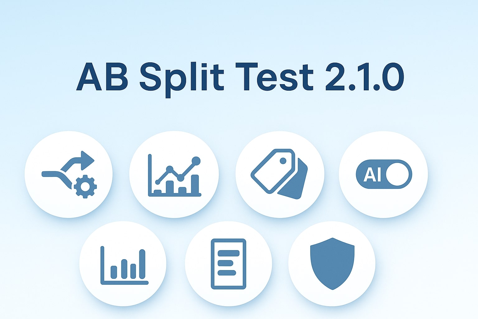 AB Split Test 2.1.0 title with seven blue icons below, representing settings, analytics, tags, AI toggle, bar chart, list, and a shield, on a light blue background.