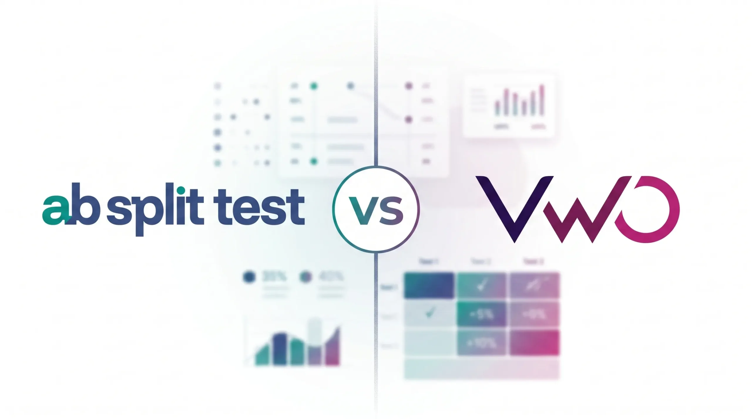 A graphic comparing AB Split Test vs VWO, featuring charts and data in the background, highlights "vs" in the center—ideal for showcasing a VWO alternative WordPress or exploring VWO vs AB Split Test WordPress options.