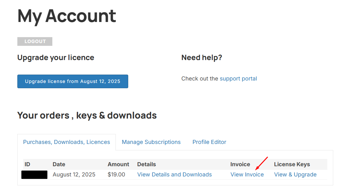 A user account page showing an order with an amount of $19.00 dated August 12, 2025, and options to view invoice, details, and upgrade license.