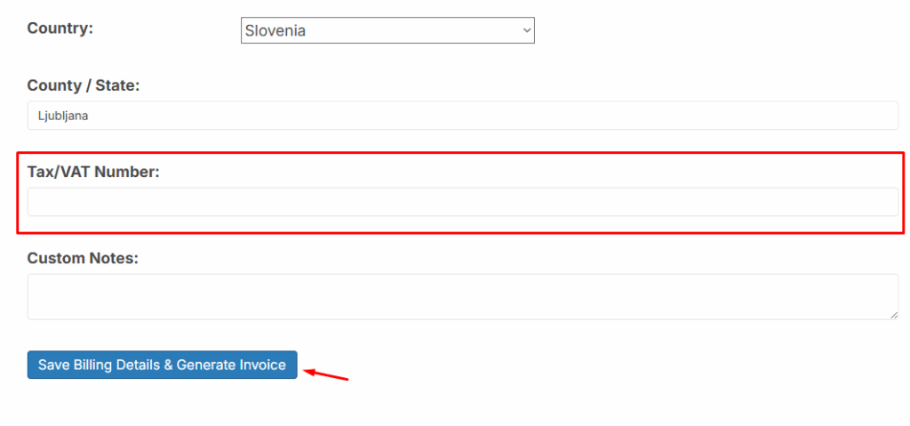 Form fields for country (Slovenia), county/state, tax/VAT number, and custom notes, with a blue button labeled "Save Billing Details & Generate Invoice.