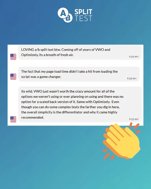 Alt text: "Customer testimonial comparing VWO and AB Split Test saying it is a breath of fresh air and the simplicity is the differentiator"
