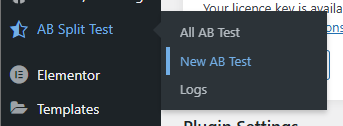 A website menu shows "AB Split Test" selected, with submenu options: "All AB Test", "New AB Test" (highlighted), and "Logs". "Elementor" and "Templates" are also visible.