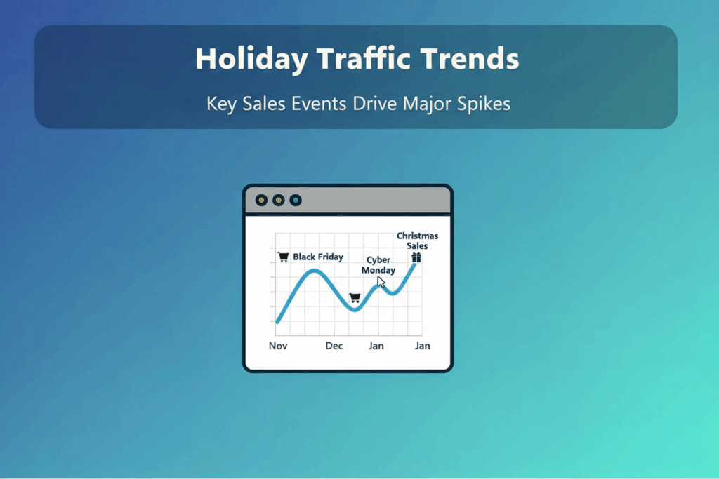 A chart titled "Holiday Traffic Trends" shows website traffic spiking at Black Friday, Cyber Monday, and Christmas sales from November to January.