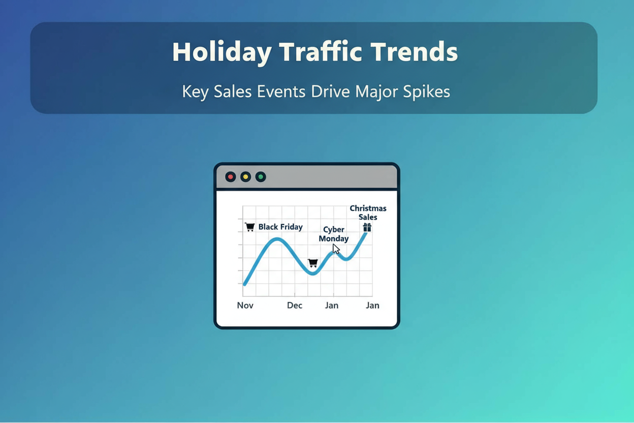 A chart titled "Holiday Traffic Trends" shows website traffic spiking at Black Friday, Cyber Monday, and Christmas sales from November to January.