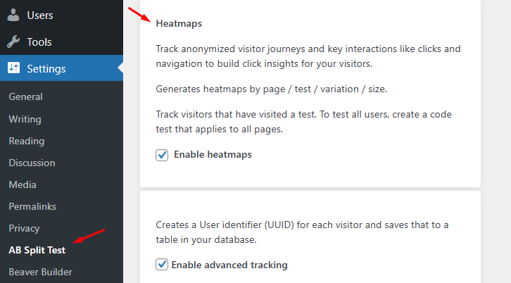 A website settings page showing options to enable heatmaps and advanced tracking, with the AB Split Test section highlighted in the left menu.