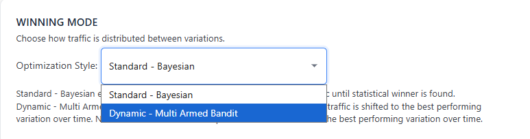 A dropdown menu is open under "Optimization Style", with "Standard - Bayesian" selected and "Dynamic - Multi Armed Bandit" as an option—ideal for dynamic allocation split test or multi-armed bandit WordPress split testing strategies.
