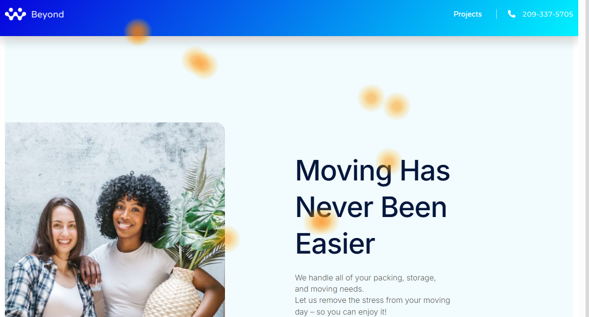 Two women smiling, one holding a woven basket, stand beside text that reads "Moving Has Never Been Easier" on a website for a moving service.