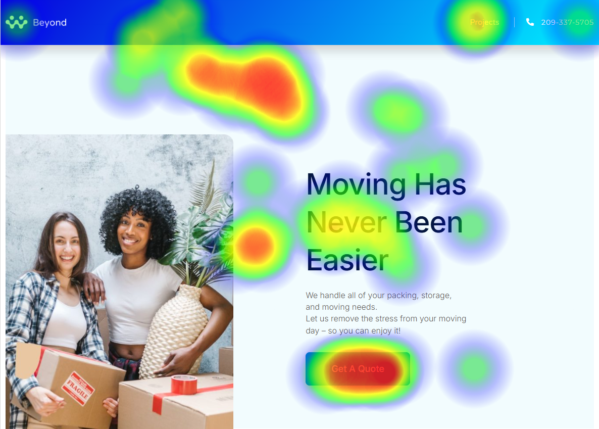 Two women holding moving boxes and plants stand next to a promotional banner for a moving service. A heatmap highlights areas of high visual attention on the webpage.