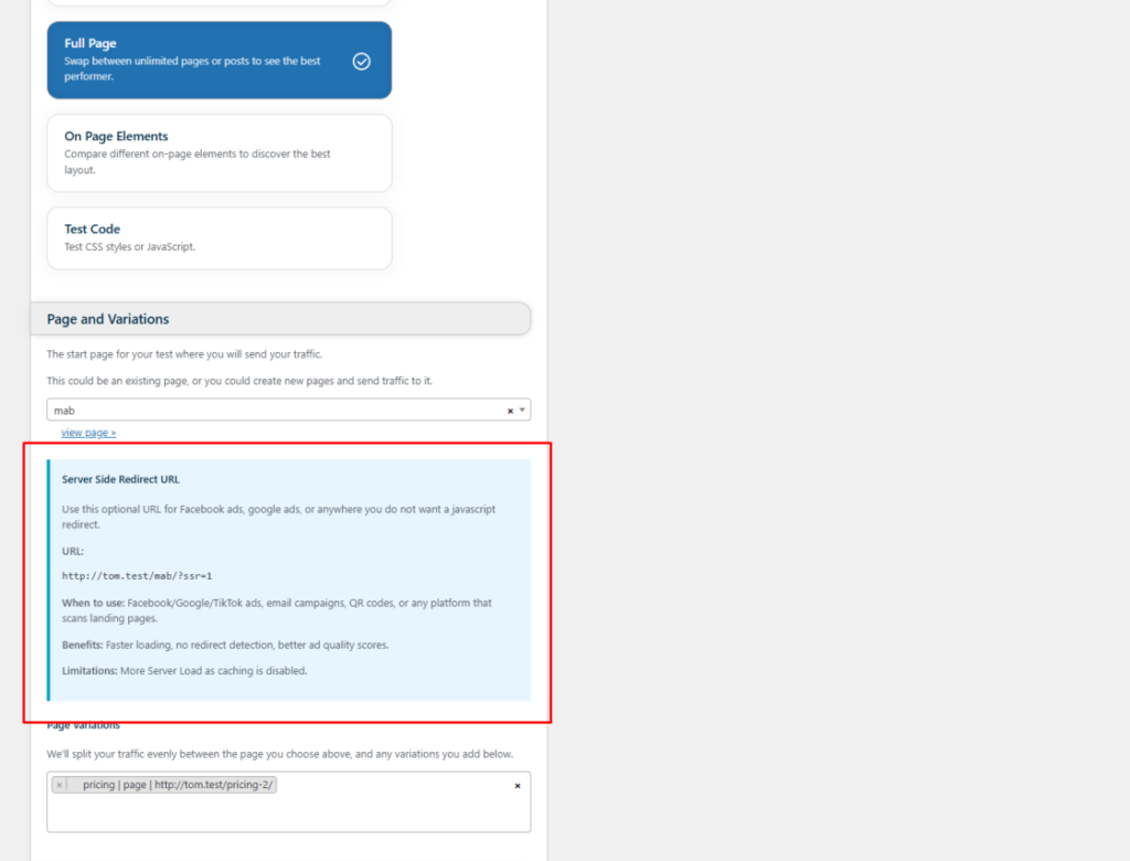 A webpage interface displays options for page and variations setup, highlighting a blue box with information about server-side redirect URLs and their benefits and limitations.