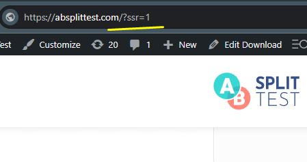 A browser window displays the URL https://absplittest.com/?ssr=1 with the AB Split Test logo visible on the webpage.