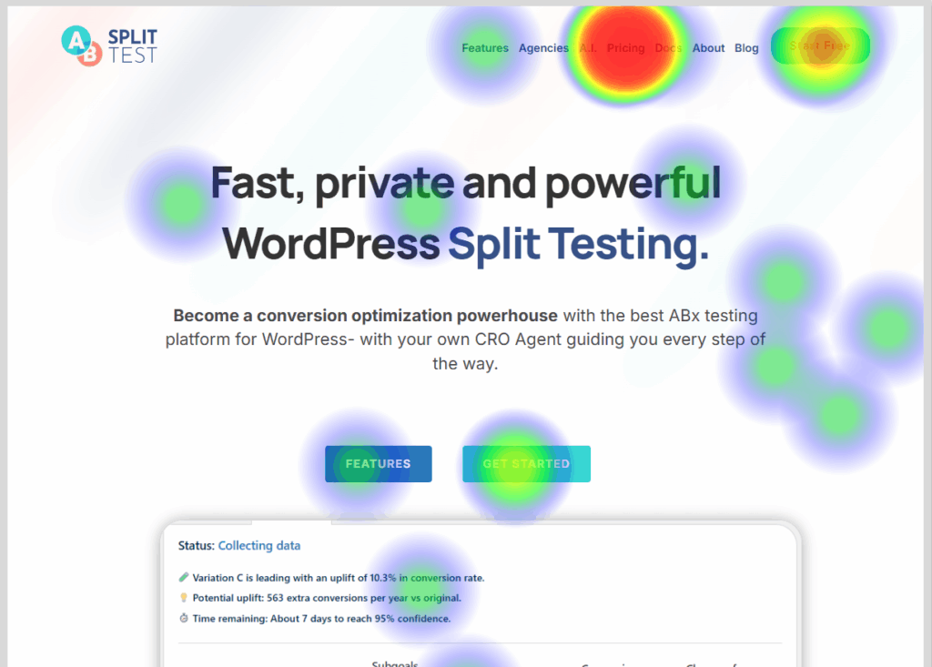 A website homepage for Split Test with the headline "Fast, private and powerful WordPress Split Testing" and visible heatmap data highlighting user attention areas.