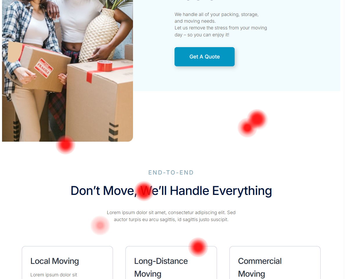 Three people holding moving boxes stand next to a website section promoting moving services, with red heatmap spots highlighting areas of user attention.