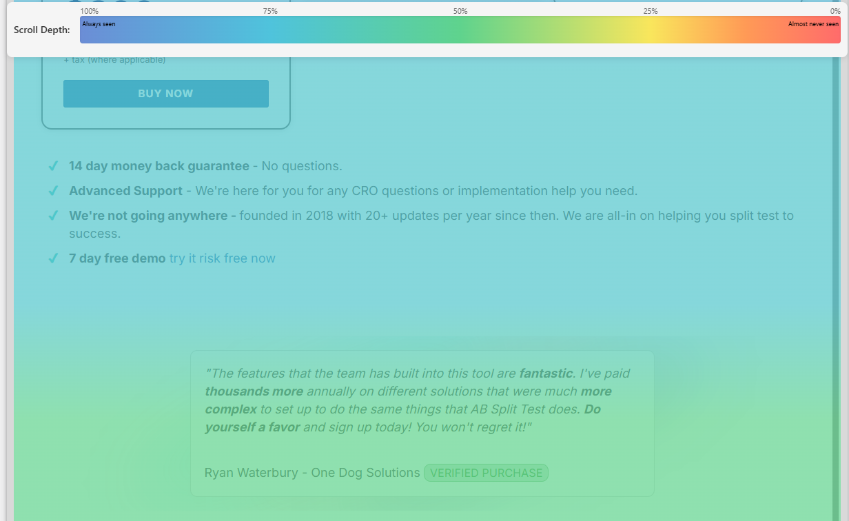 A scroll depth bar shows 100% in green to almost 0% in red. Below, a website section lists tool features and a testimonial with a verified purchase label. A scroll depth bar shows 100% in green to almost 0% in red. Below, a website section lists tool features and a testimonial with a verified purchase label.