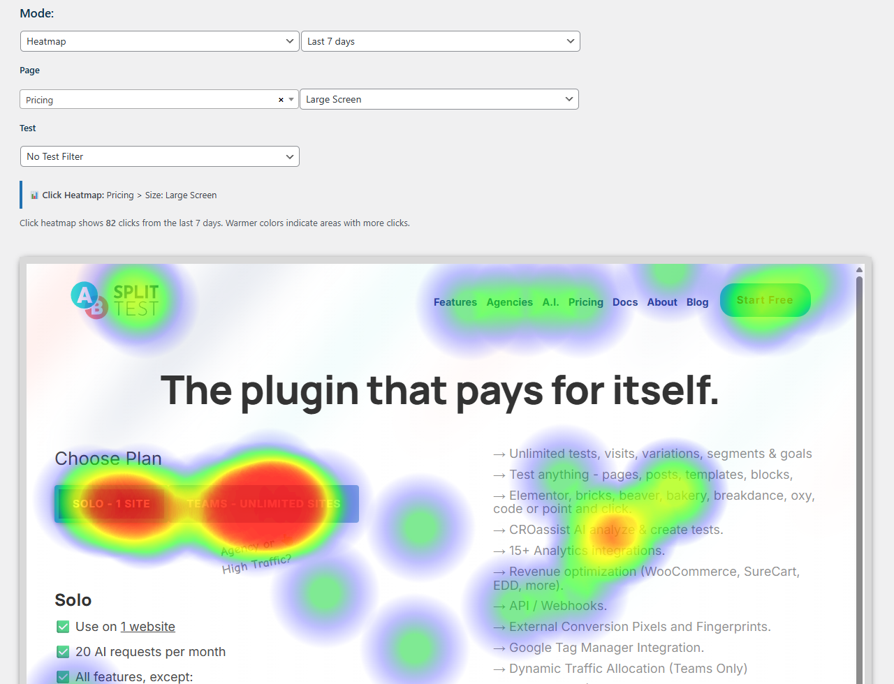 A website heatmap shows user click activity on a pricing page, with high click concentration on plan options and navigation buttons. A website heatmap shows user click activity on a pricing page, with high click concentration on plan options and navigation buttons.