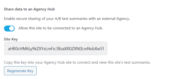 A website settings interface showing the option to enable sharing data to an Agency Hub, with a toggle switch, site key, and a "Regenerate Key" button.