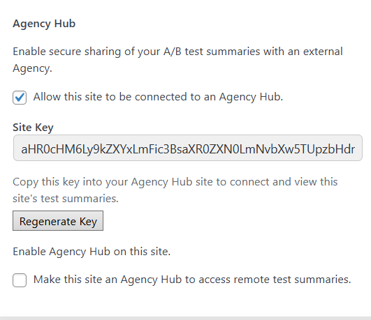 Screenshot of Agency Hub settings showing options to enable connection, a site key field, a "Regenerate Key" button, and a checkbox to enable remote test summaries.