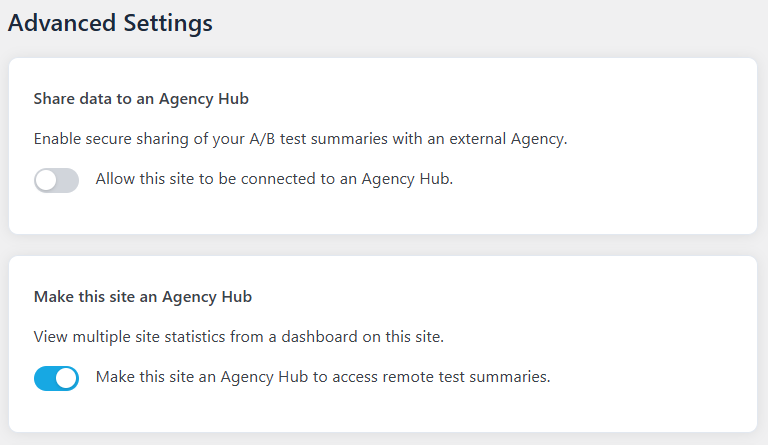 Screenshot of Advanced Settings with toggles for "Share data to an Agency Hub" and "Make this site an Agency Hub," both currently turned off.