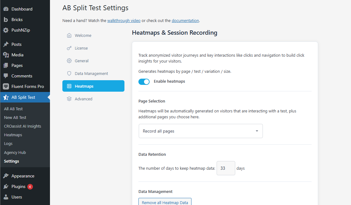 AB Split Test Settings page showing Heatmaps & Session Recording options, including toggles for enabling heatmaps, page selection, data retention days, and a button to remove heatmap data.