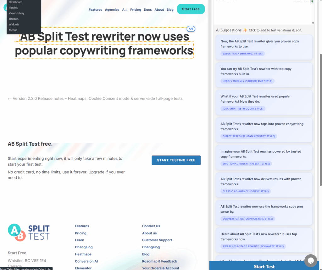 Screenshot of a website editor, showing a headline about an AB Split Test rewriter using copywriting frameworks, with site navigation, start test button, and AI suggestions panel visible.