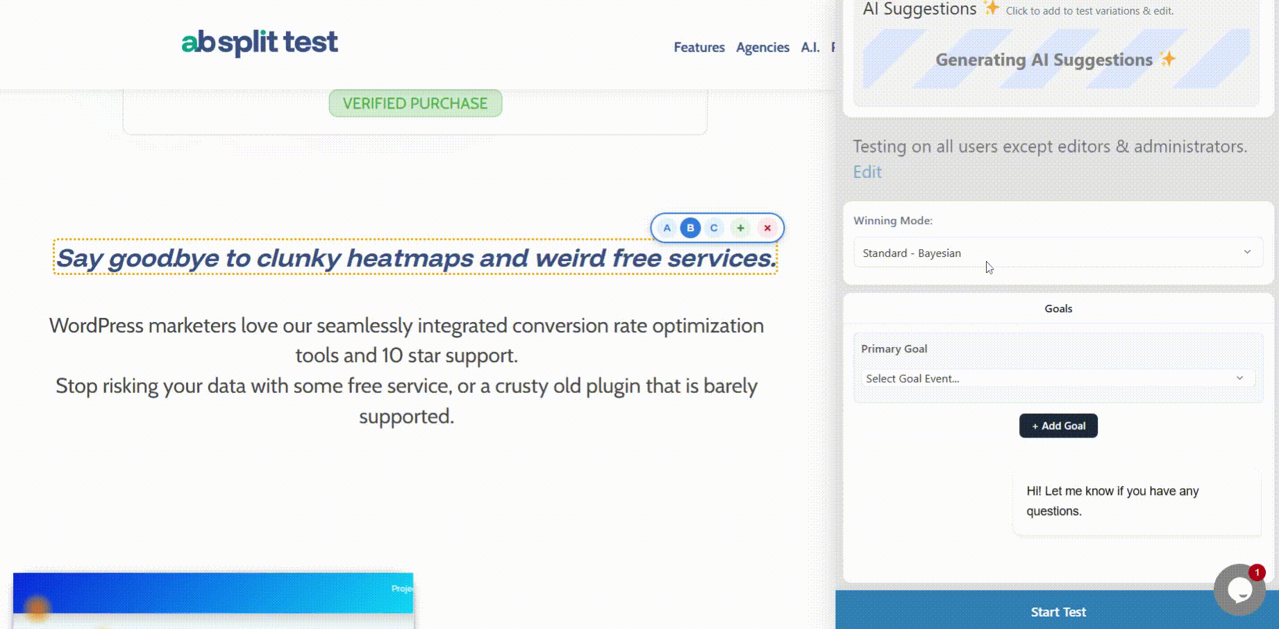 A website interface shows a highlighted text section, a drop-down menu for 'Winning Mode,' and an area for setting goals with a button labeled 'Start Test.'.