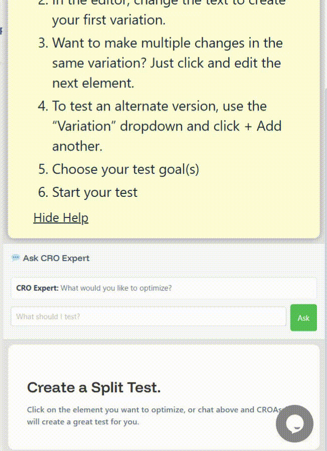 Screenshot of a website showing steps for creating a split test, including test variations and goal selection, with an “Ask CRO Expert” chat box visible.