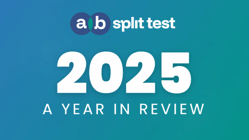 A gradient blue background with "a/b split test" at the top and "2025 A Year in Review" in large white text below.