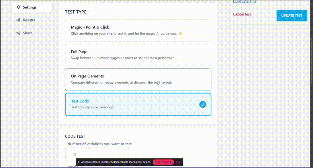 A screen displays a test type selection menu with options for Magic - Point & Click, Full Page, On Page Elements, and Test Code. A notification about WordPress form analytics appears at the bottom.