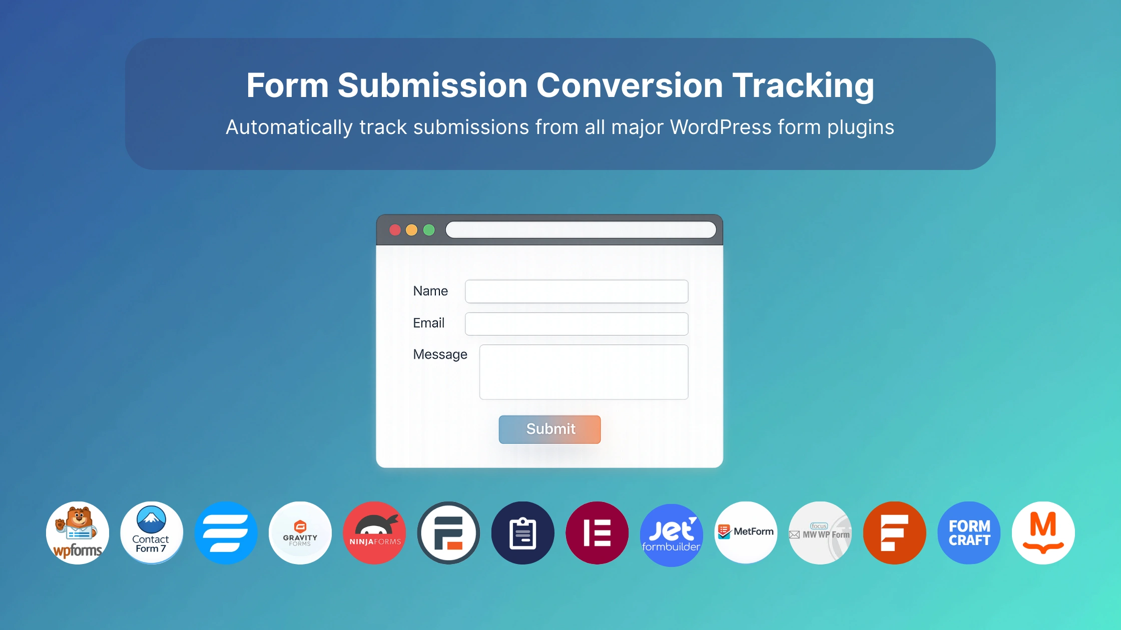 Illustration showing a sample form with name, email, and message fields, highlighting form submission goals and conversion tracking for various WordPress form plugins, including gravity forms tracking, shown as logos.