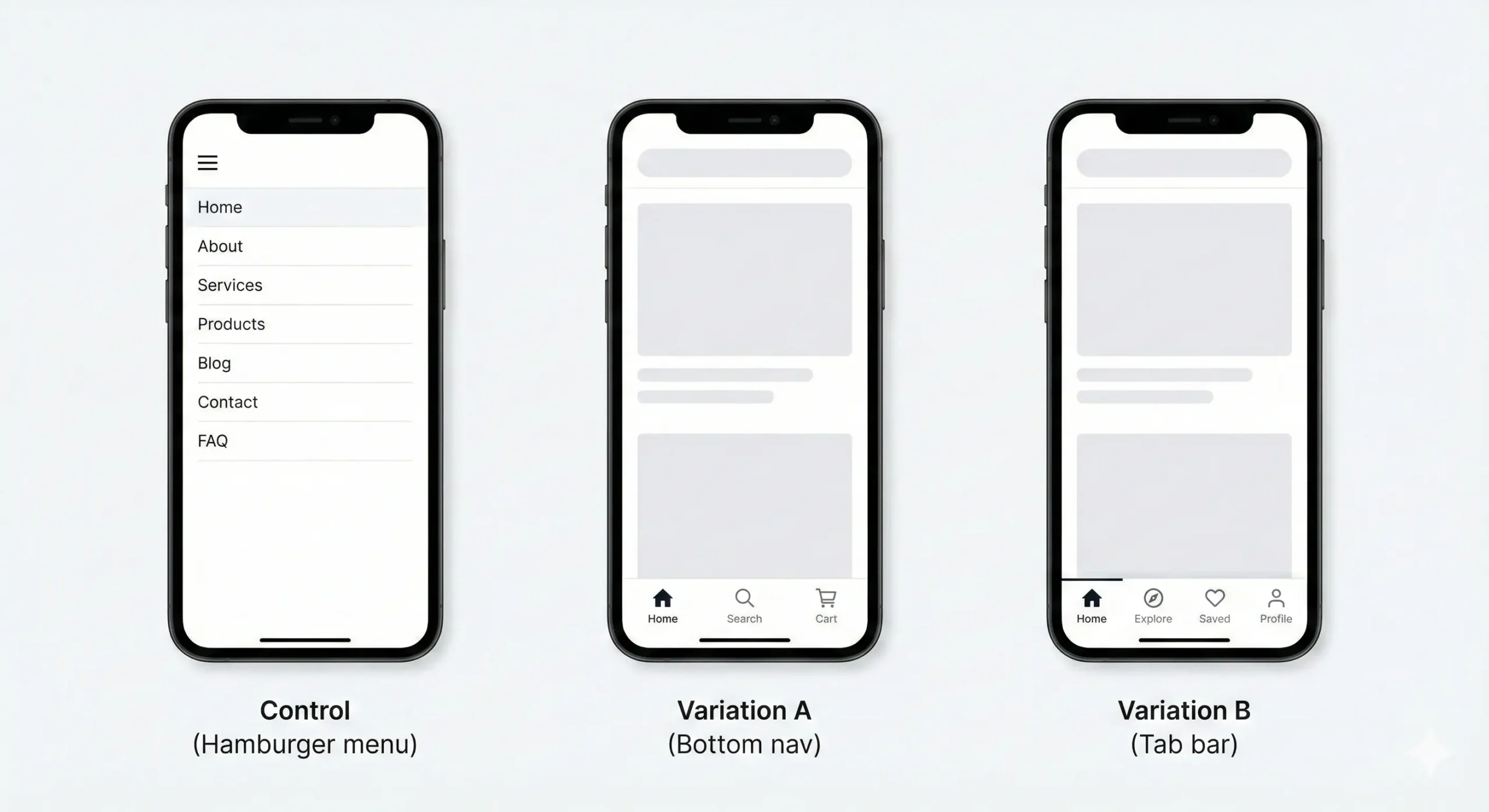 Three smartphone screens display navigation styles for test WordPress navigation: a hamburger menu, a bottom bar with three icons, and a tab bar with five labeled icons—perfect for WordPress A/B testing or menu optimization.