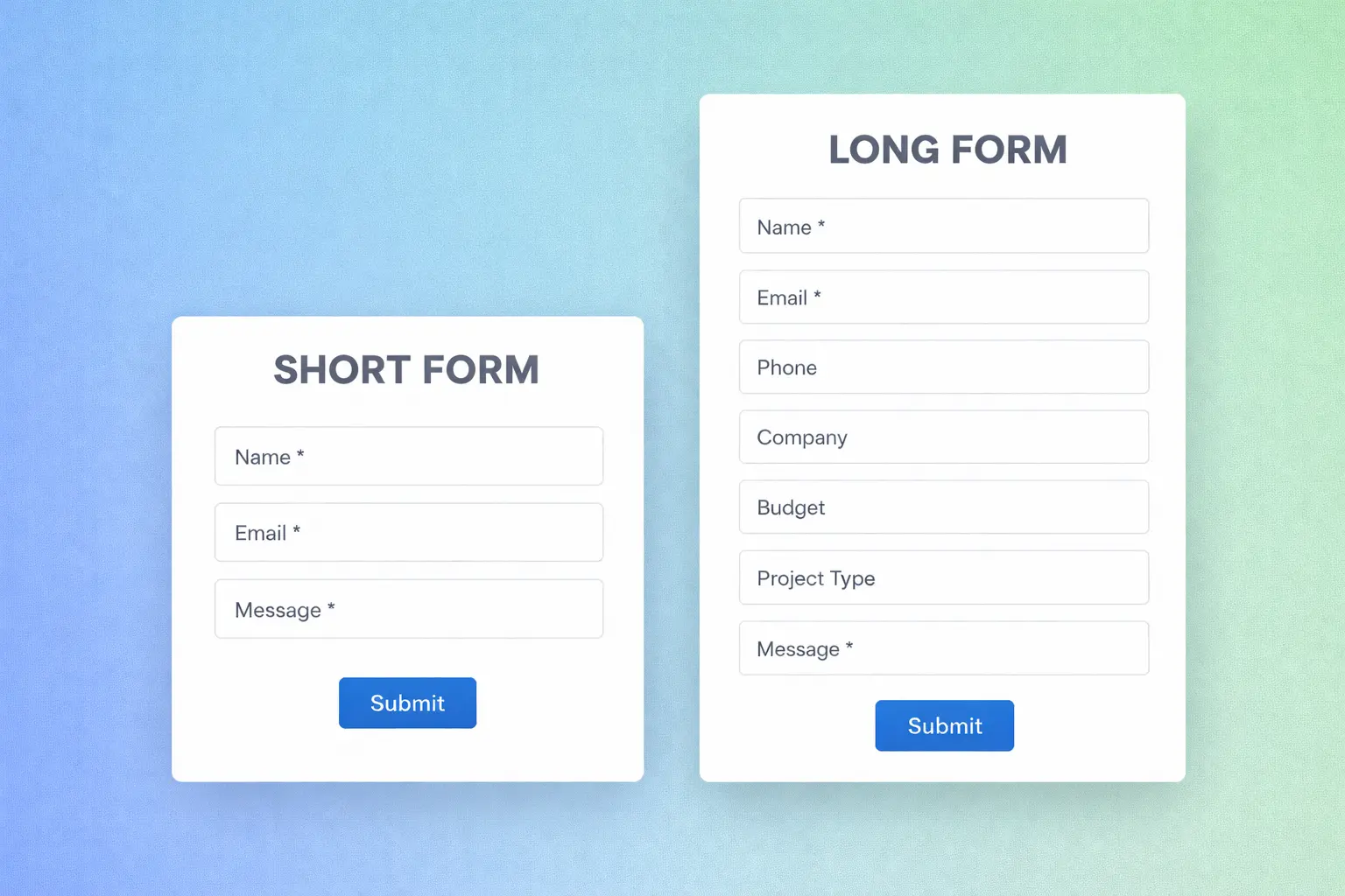 Side-by-side comparison of a short form with three fields and a long form with seven fields, both featuring blue "Submit" buttons on a gradient background—ideal for Ninja Forms A/B testing to increase Ninja Forms submissions.