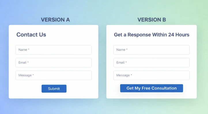 Side-by-side comparison of two contact forms for Ninja Forms A/B testing: Version A titled "Contact Us" with a "Submit" button; Version B titled "Get a Response Within 24 Hours" with a "Get My Free Consultation" button.