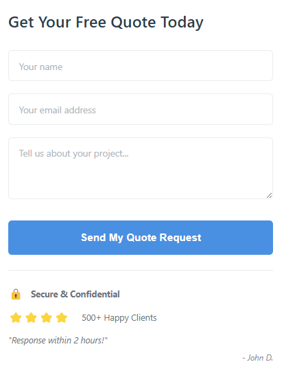 Online form titled "Get Your Free Quote Today" featuring name, email, and project details fields, submit button, client rating, and confidentiality note—designed to increase Ninja Forms submissions for better lead generation.