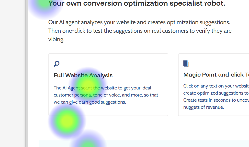 A website interface displays a section titled "Full Website Analysis," with colored heatmap spots indicating areas of user interaction on the screen.