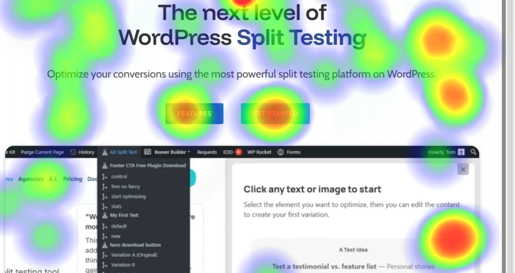 A webpage about WordPress split testing with a heatmap overlay showing areas of high and low user interaction in red, yellow, green, and blue spots.