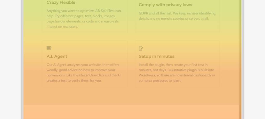 A webpage section with four text boxes highlighting features: flexibility, privacy compliance, AI agent analysis, and quick setup, on a gradient yellow-orange background.