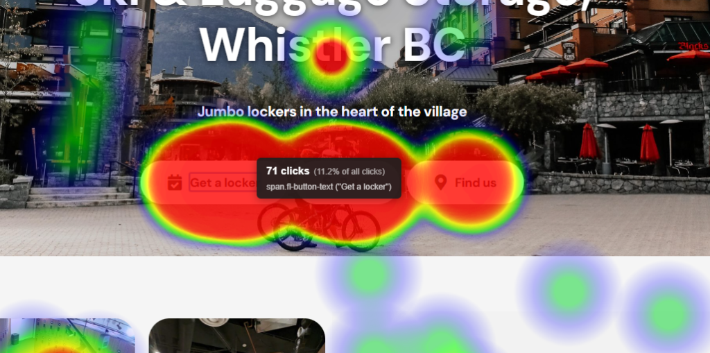 A heatmap overlay shows user click activity on a website landing page, with the highest concentration of clicks on the "Get a locker" button.