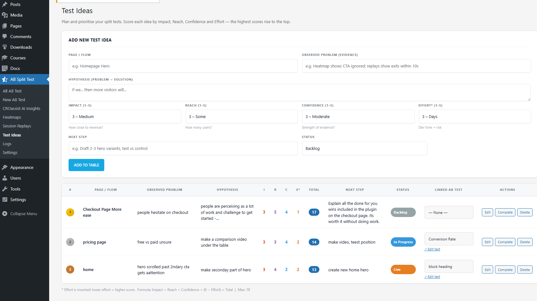A web interface for managing A/B test ideas, showing a form to add a new test and a table listing current test ideas with details and actions.