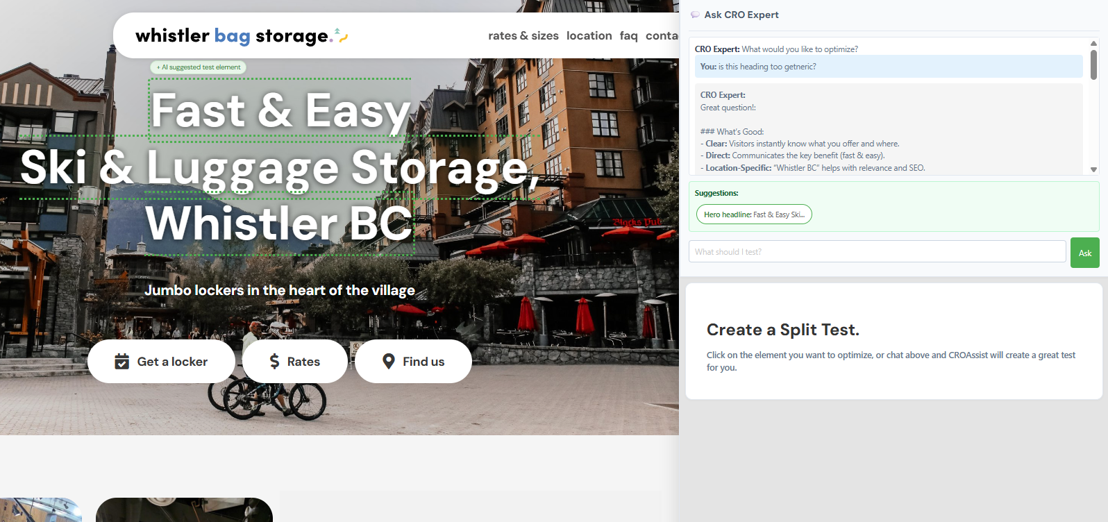 Screenshot of a ski and luggage storage website for Whistler, BC, with an outdoor village scene and a visible split test optimization chat on the right side of the screen.
