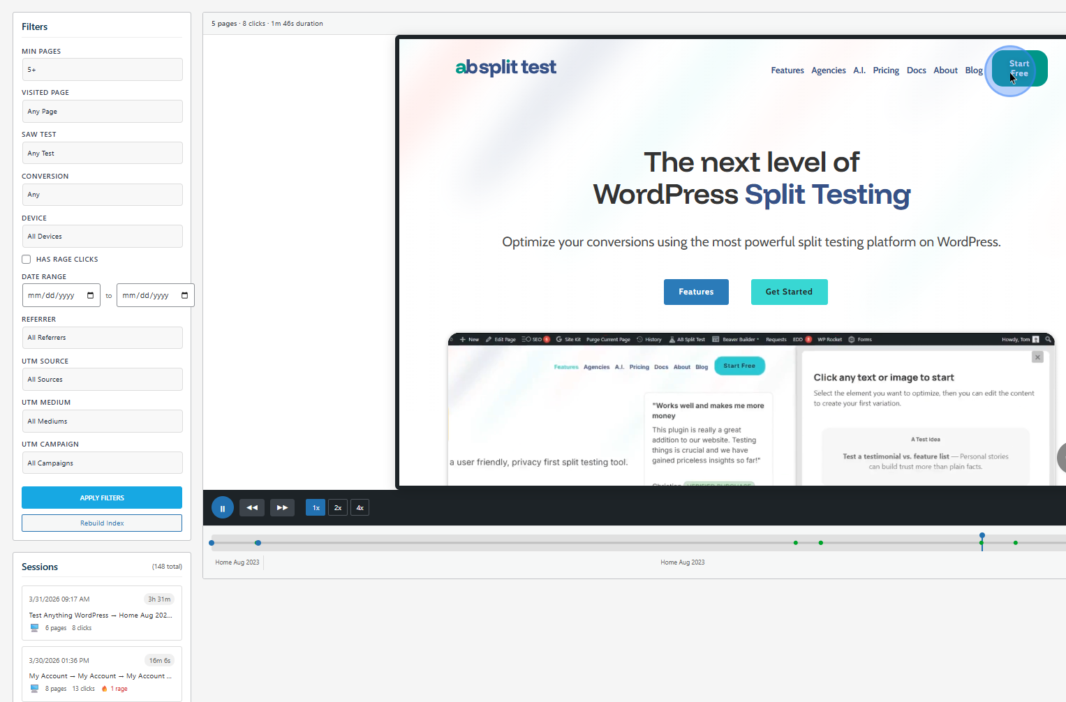 A screen displays a website analytics tool showing a WordPress split testing page; a mouse cursor hovers over the "Start" button on the website.