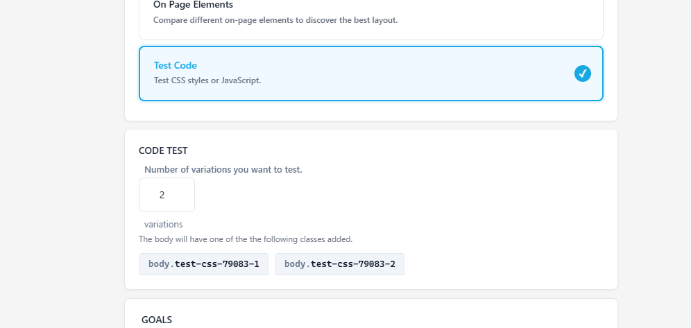 A webpage displays a "Test Code" section highlighting code tests with two variations: "body.test-css-79083-1" and "body.test-css-79083-2".